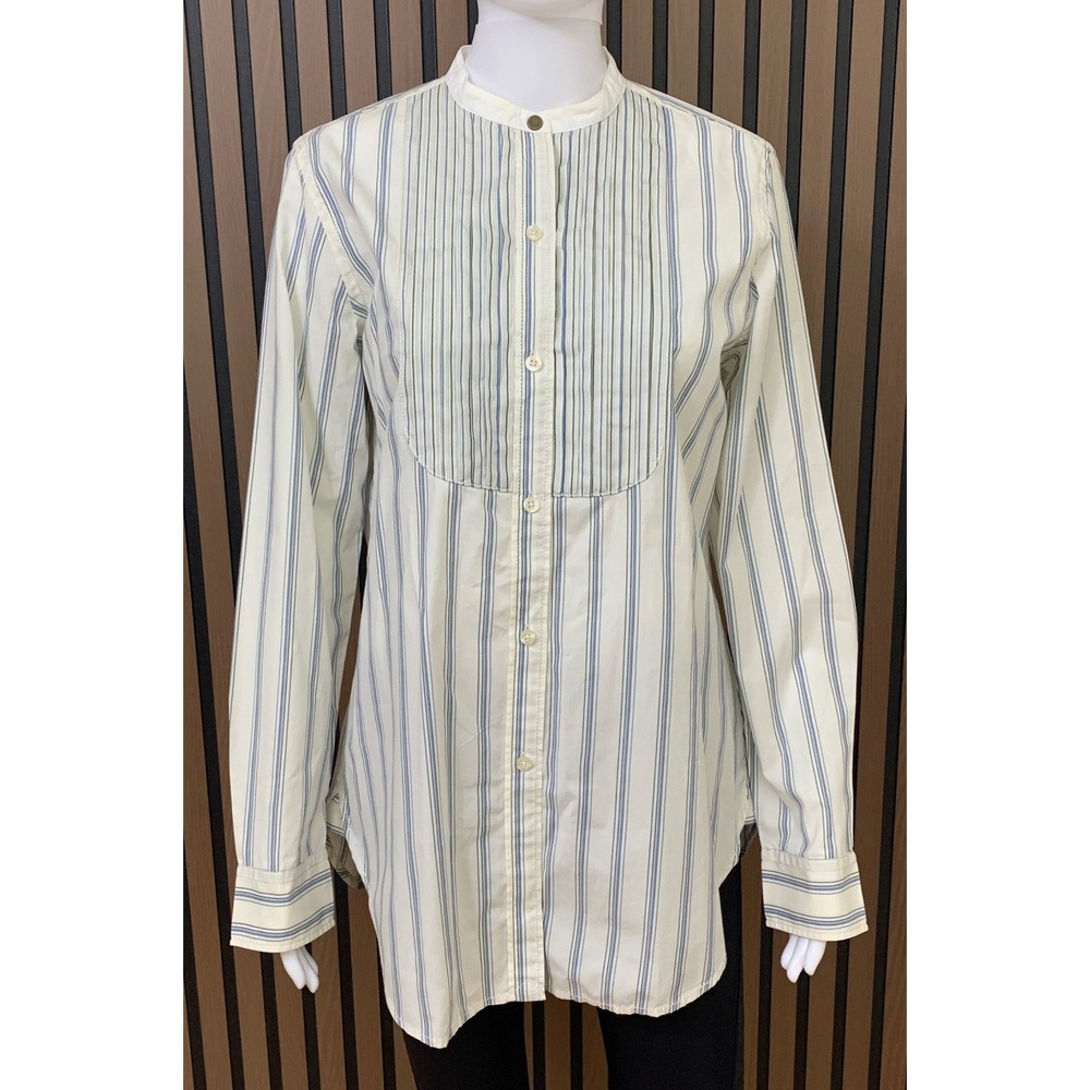 Lauren Ralph Lauren Women's Blue White Striped Band Collar Bib Front Shirt M